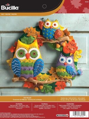 Bucilla Aplique de Fieltro Búho con Múltiples y Hermosos Colores de Otoño; Naranja, Verde, Marrón, Amarillo, Morado, Azul — Kit de Corona de Aplique de Fieltro [SKU: 86562]
