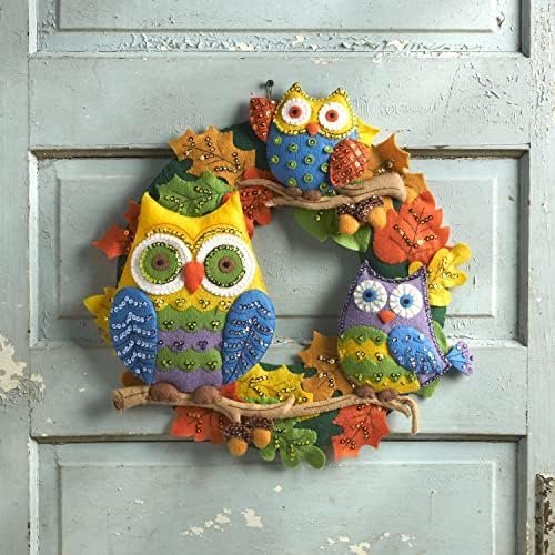 Bucilla Felt Applique Owl Multiple Beautiful Autumn Colors; Orange Green Brown Yellow Purple Blue — Felt Applique Wreath Kit [SKU: 86562]