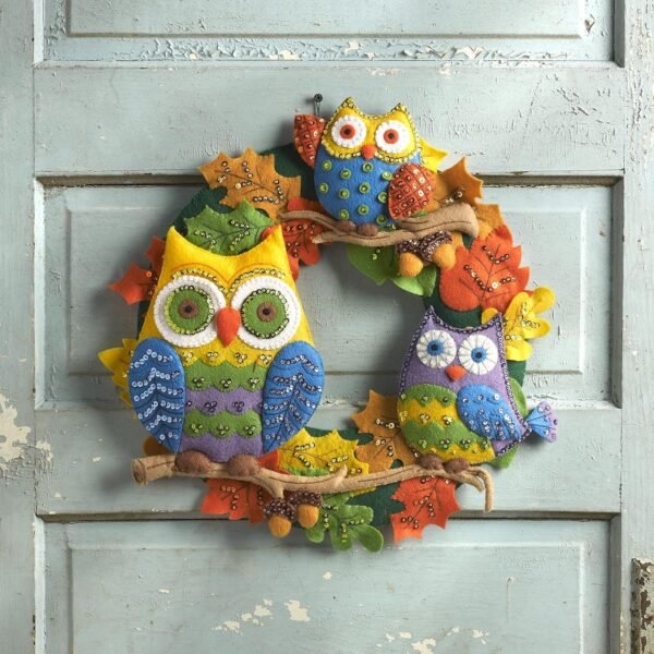 Bucilla Felt Applique Owl Multiple Beautiful Autumn Colors; Orange Green Brown Yellow Purple Blue — Felt Applique Wreath Kit [SKU: 86562]