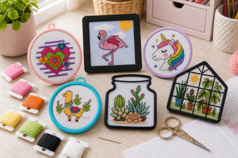 Kits Bucilla para Principiantes: "My 1st Stitch" y Proyectos para Niños y Nuevas Bordadoras 7 Kits Bucilla My 1st Stitch para principiantes, SKUs 45457, 46410, 47816E, 49176E, 47908E y 47907E, como minis terminados