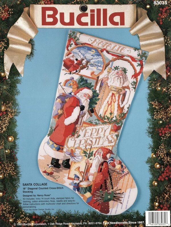 bucilla-1993-santa-collage-christmas-stocking-counted-cross-stitch-embro-83035-primary Bucilla Santa Collage | Counted Cross Stitch Christmas Stocking Kit | 83035
