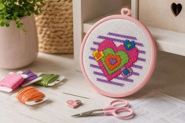 Kit Bucilla Heart Mini SKU 45457, punto de cruz terminado en marco rosa