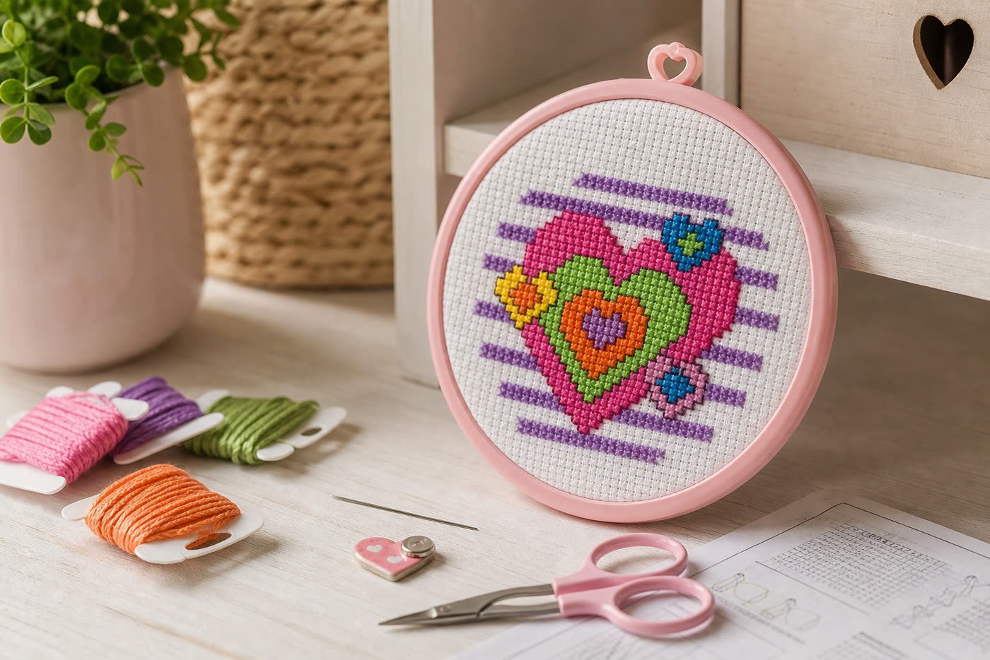 Kit Bucilla Heart Mini SKU 45457, punto de cruz terminado en marco rosa