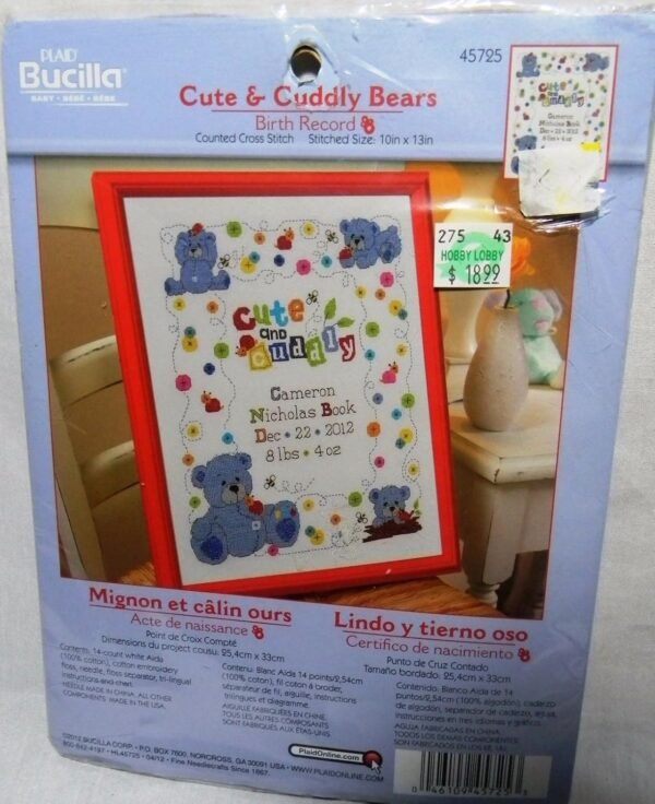 Bucilla Cute and Cuddly Bears Birth Record Counted Cross Stitch Kit 45725 - main product photo