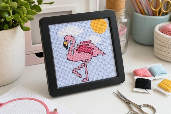 Kit Bucilla Beginner Mini Flamingo SKU 46410, mini de punto de cruz terminado
