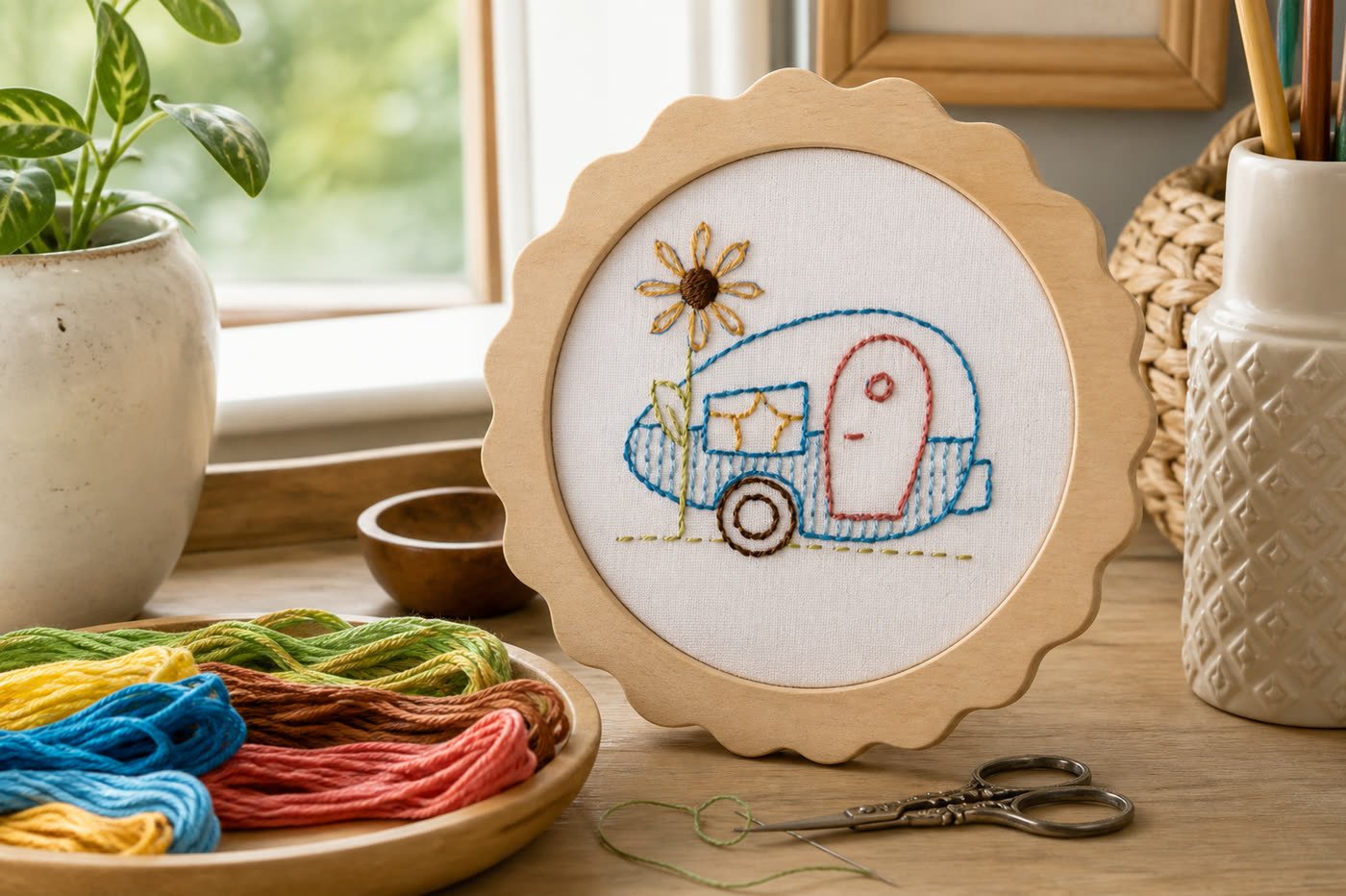 Kit Bucilla Camper My 1st Stitch SKU 49046E, bordado estampado terminado