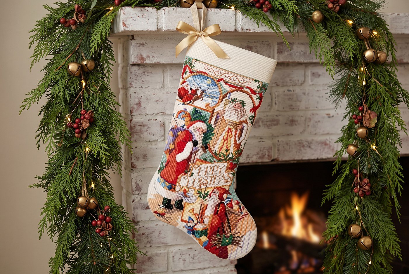 Bucilla Santa Collage counted cross-stitch stocking 83035 — cream Aida cloth with multiple Victorian Santa vignettes in fine needlework, surrounded by evergreen garland on a fireplace mantel