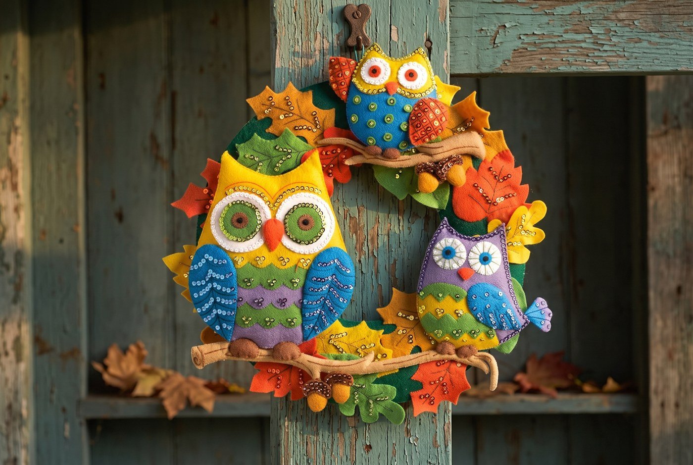 Bucilla Owl Wreath felt-applique kit 17-inch (86562) Owl Wreath 86562 felt applique — three whimsical owls on an autumn branch wreath with leaves and acorns