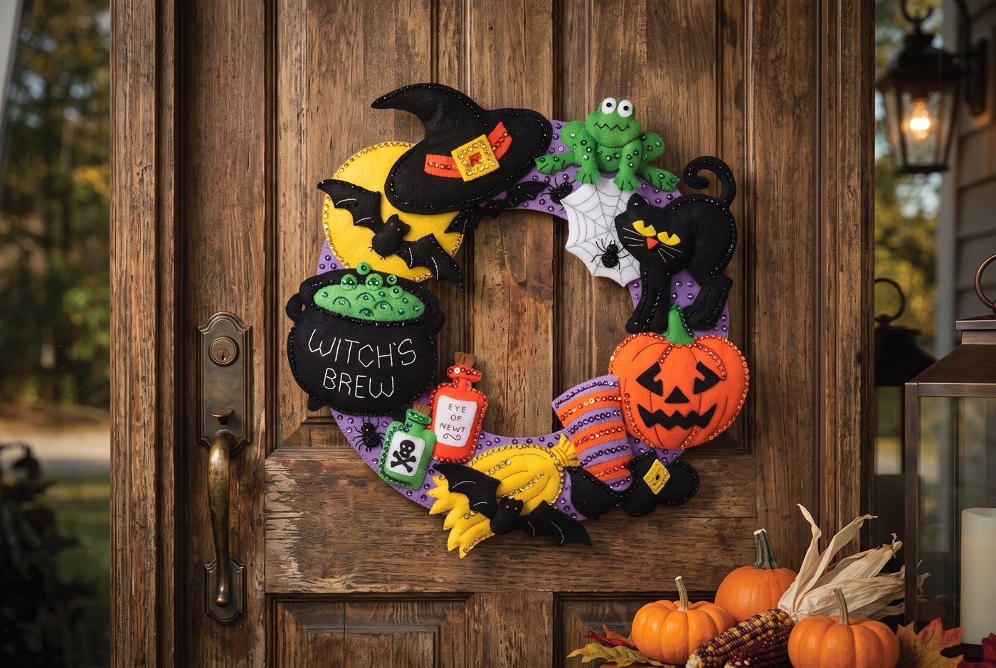 Bucilla Witch's Brew Halloween felt-applique wreath kit 17-inch (86563) Witch's Brew Wreath 86563 felt applique — cauldron jack-o-lantern bat cat and frog on purple crescent moon base