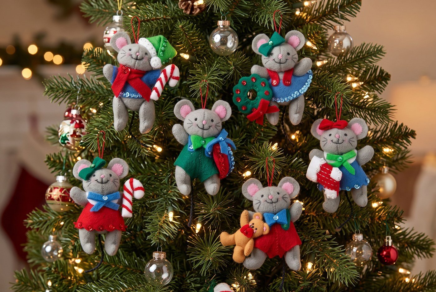 Bucilla Night Before Christmas felt mouse ornament kit set of 6 (89288E) Night Before Christmas 89288E felt applique mouse ornament set of 6