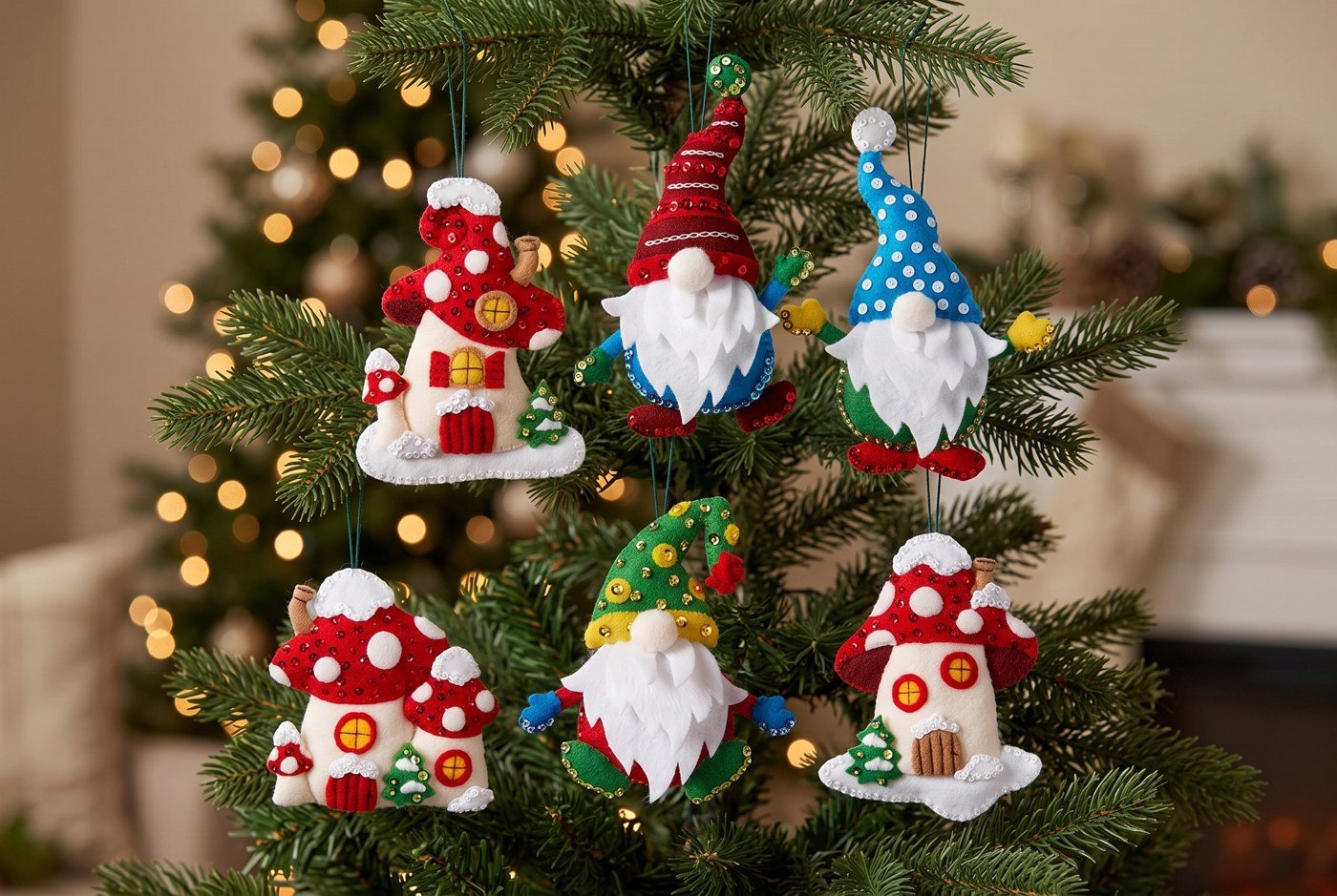 Bucilla Christmas Gnomes felt ornament kit set of 6 (89298E) Gnomes 89298E felt applique Christmas ornament set — gnomes and mushroom houses