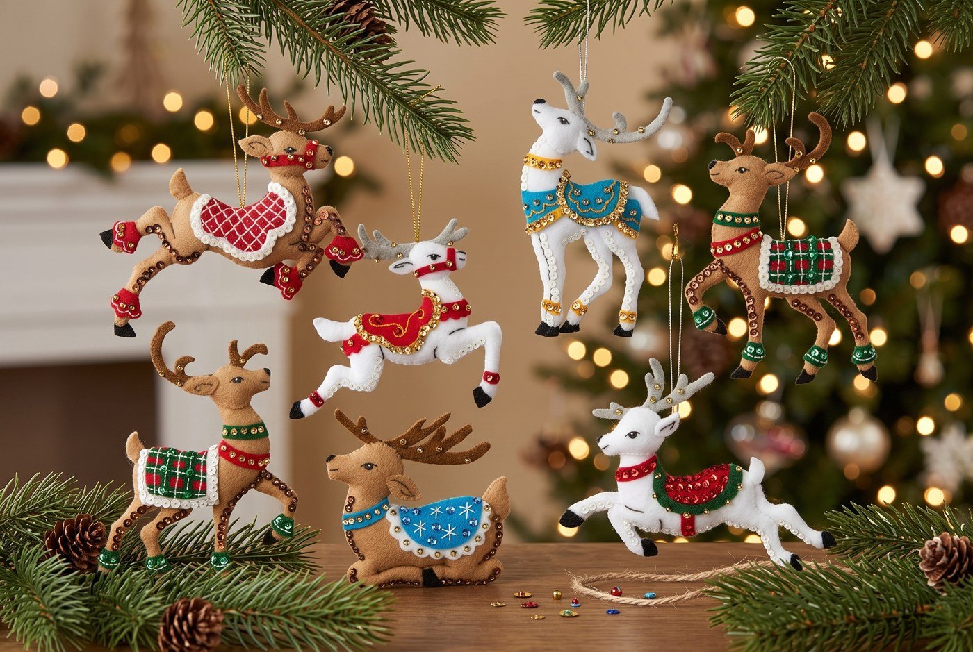 Bucilla Festive Reindeer felt ornament kit set of 6 (89299E) Festive Reindeer 89299E felt applique reindeer ornament set of 6