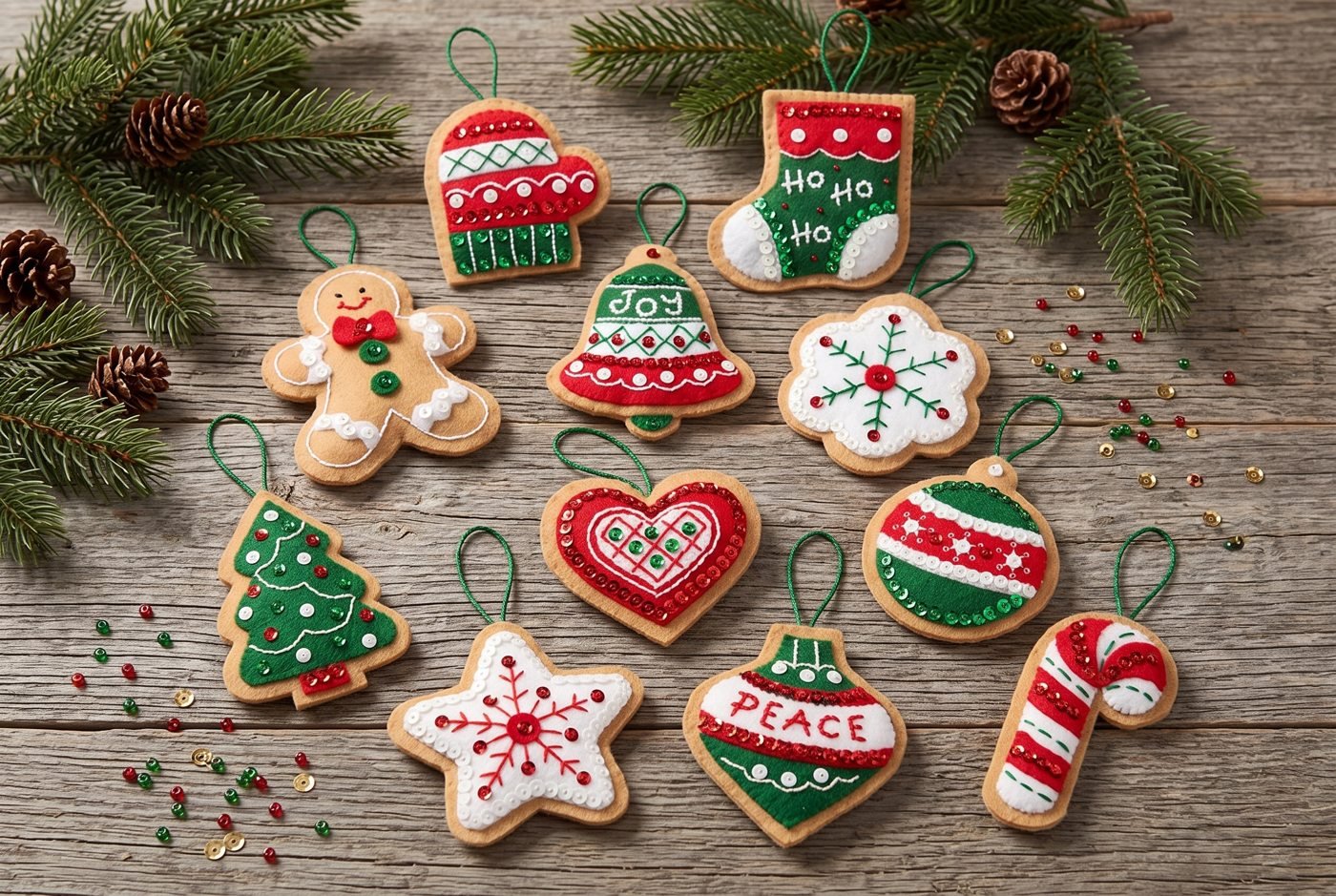 Bucilla Gingerbread Santa felt ornament kit set of 12 (89301E) Gingerbread Santa 89301E felt applique ornament set of 12 — cookie-shaped Christmas ornaments