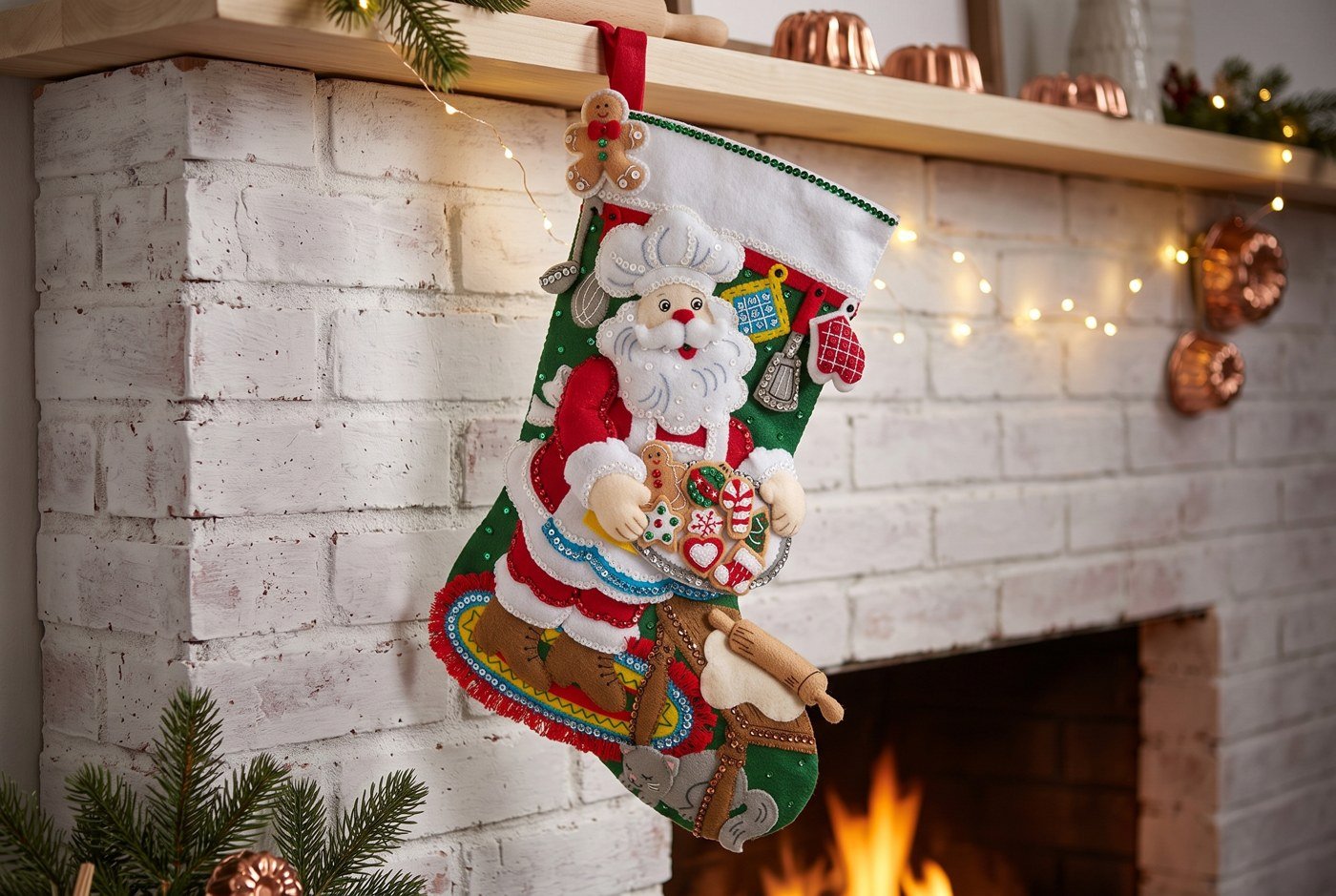 Bucilla Gingerbread Santa felt-applique stocking 89312E — deep green base with Santa in a baker's chef hat holding a tray of decorated Christmas cookies, grey cat sleeping at base