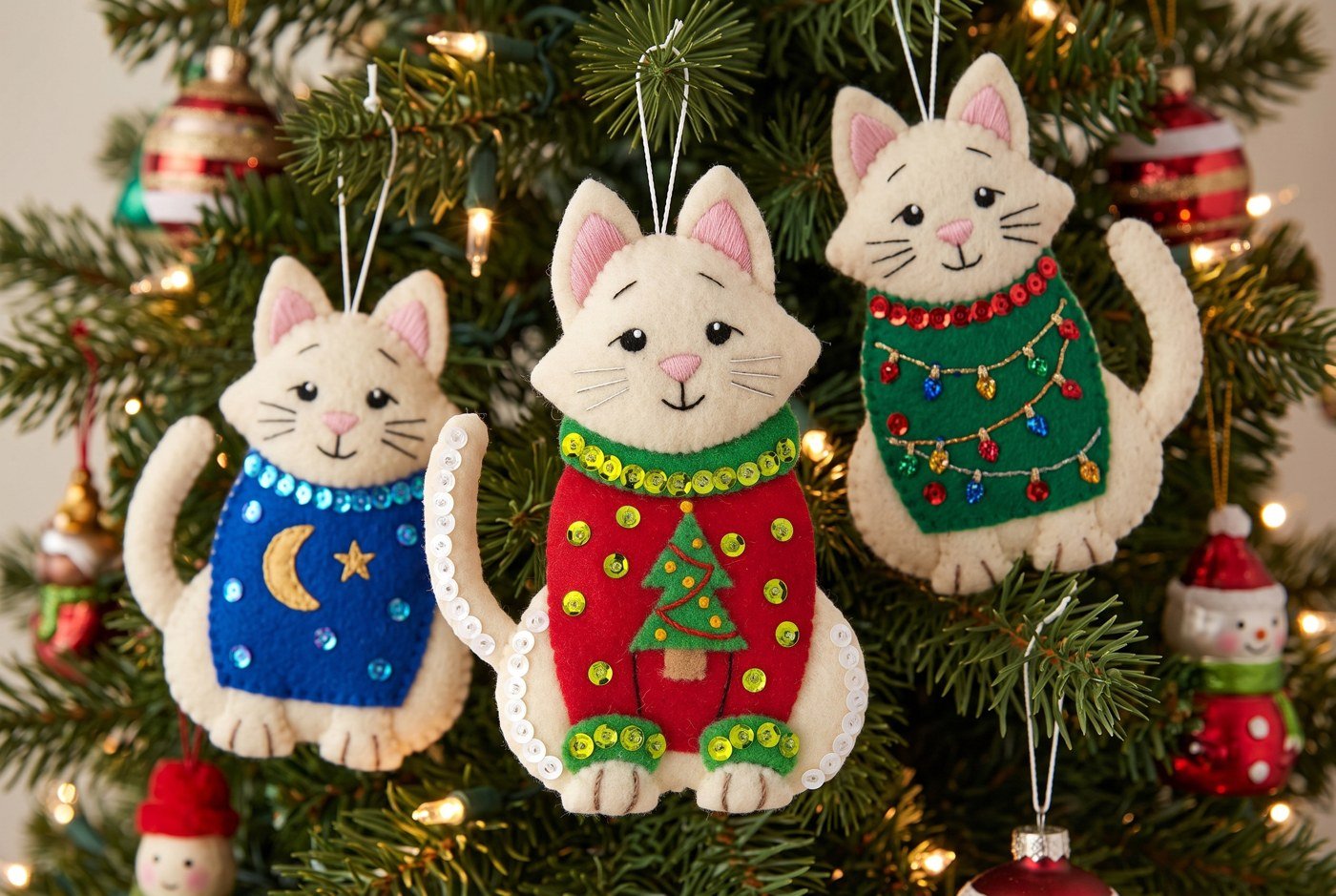 Bucilla Cats in Ugly Sweaters felt ornament kit (89381E) Cats in Ugly Sweaters 89381E felt applique cat ornament set