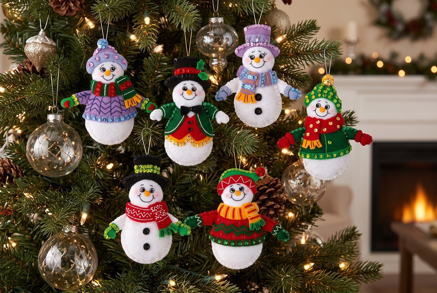 Bucilla Snow Much Fun felt snowman ornament kit set of 6 (89492E) Snow Much Fun 89492E felt applique snowman ornament set of 6