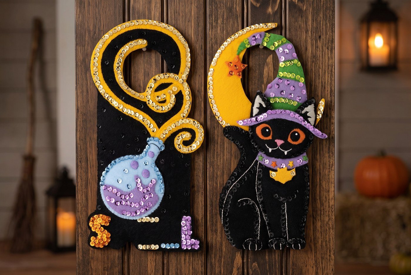Bucilla Spellbound Greetings felt-applique door hanger kit (89506E) Spellbound Greetings Door Hanger 89506E felt applique — witch cat on crescent moon and potion bottle swirl door panels