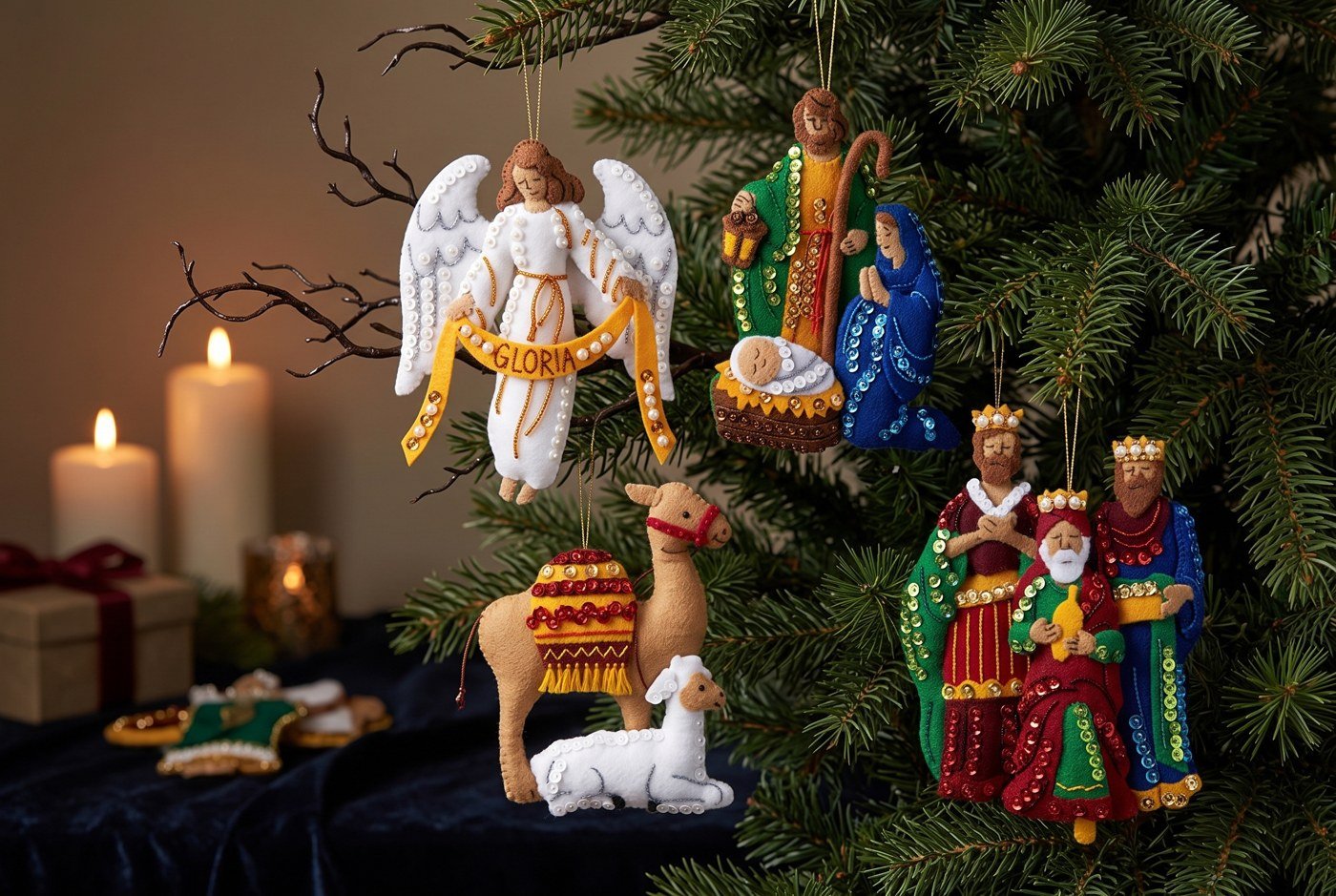 Bucilla Silent Night nativity felt ornament kit set of 4 (89572E) Silent Night 89572E felt applique nativity ornament set of 4 — angel, holy family, wise men