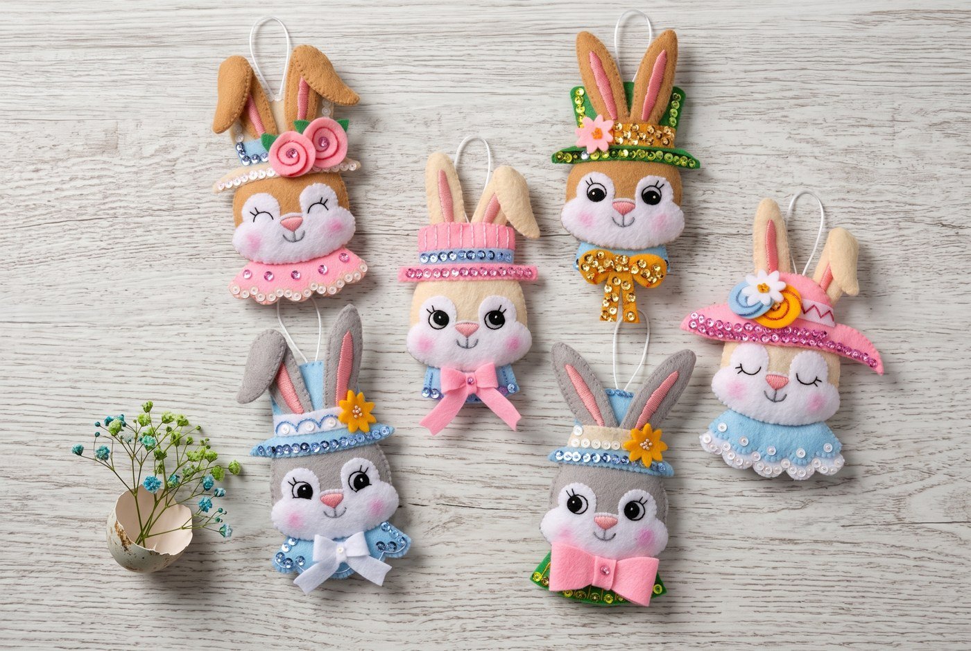 Bucilla Easter Bonnet Parade felt ornament kit set of 6 (89578E) Easter Bonnet Parade 89578E felt applique Easter bunny ornament set of 6
