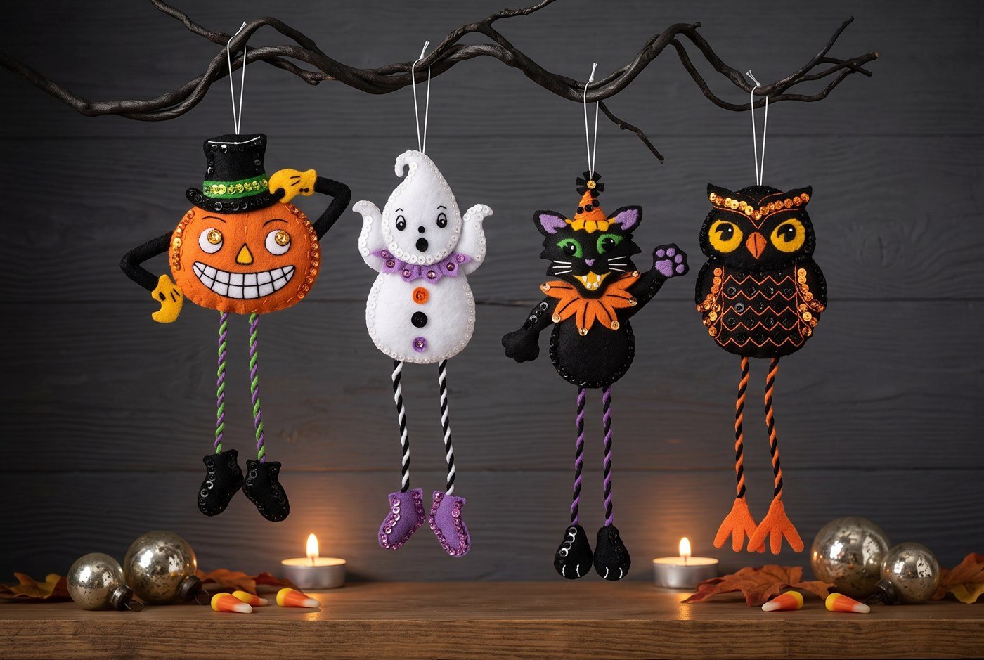Bucilla Halloween Squad felt ornament kit set of 4 (89647E) Halloween Squad 89647E felt applique ornament set of 4 — dangly-leg jack-o-lantern ghost cat and owl hanging from bare branch