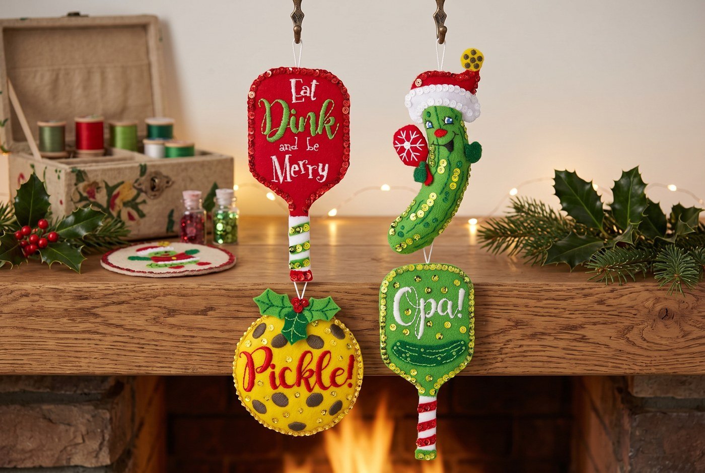 Bucilla Merry Pickleball felt ornament kit set of 4 (89711E) Merry Pickleball 89711E felt applique pickleball ornament set of 4