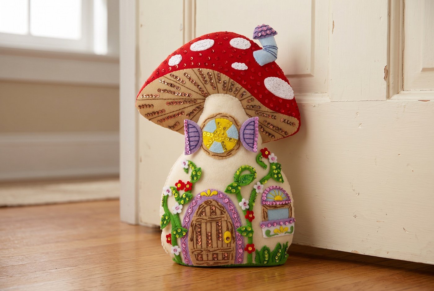 Bucilla Mushroom Manor felt-applique door stopper kit (89733E) Mushroom Manor Door Stopper 89733E felt applique — red mushroom cap fairy house with flowers and vines beside cottage door