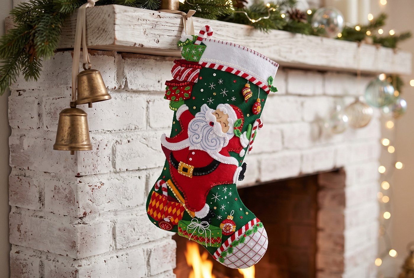 Bucilla Santa's Festive Frolic felt-applique stocking 89784E — forest green base with Santa in red carrying candy canes, gifts, and ornaments, richly embellished with sequins