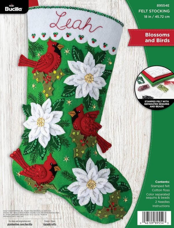 Bucilla Blossoms and Birds | Felt Applique Christmas Stocking Kit | 89554E