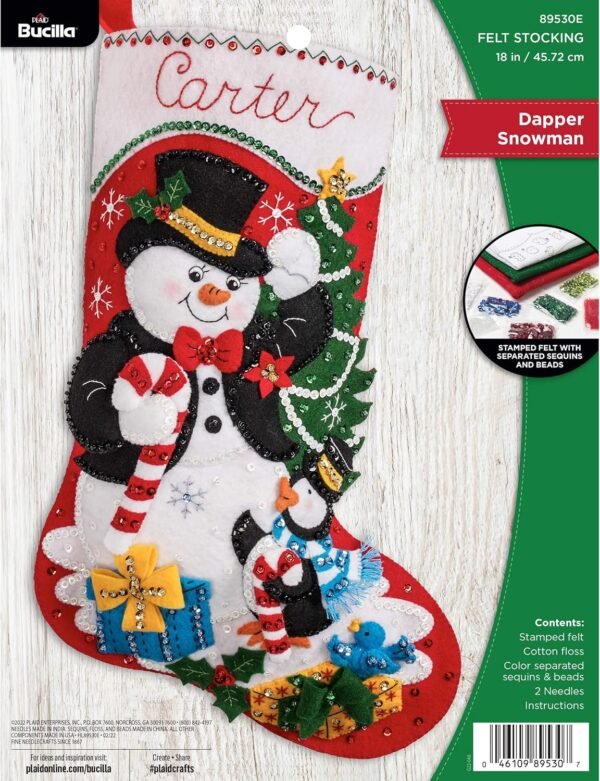 Bucilla Felt Applique " Making Dapper Snowman | Felt Applique Christmas Stocking Kit | 89530E