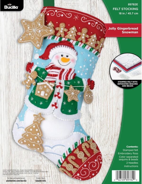 Bucilla Felt Applique " Making Jolly Gingerbread Snowman | Felt Applique Christmas Stocking Kit | 89782E