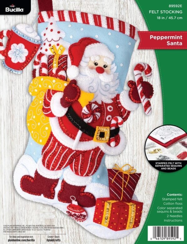 Bucilla Peppermint Santa | Felt Applique Christmas Stocking Kit | 89592E