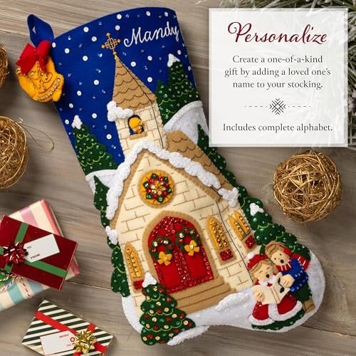 bucilla-felt-applique-18-stocking-making-kit-yuletide-chapel-perfect-for-89797e-variant-03 Bucilla Yuletide Chapel | Felt Applique Christmas Stocking Kit | 89797E