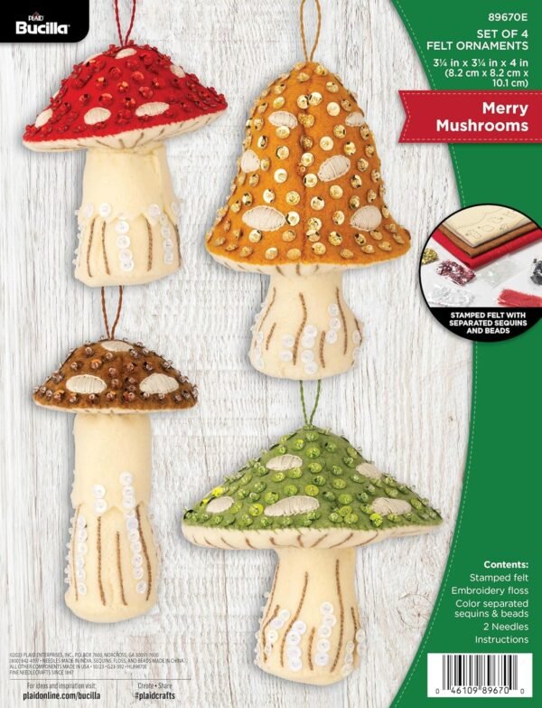 Bucilla Merry Mushrooms | Felt Applique Ornament Kit | 89670E