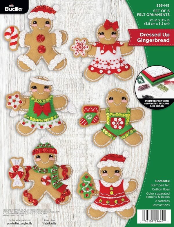 bucilla-felt-applique-6-piece-ornament-making-kit-dressed-up-gingerbread-89644e-primary Bucilla Dressed Up Gingerbread | Felt Applique Ornament Kit | 89644E
