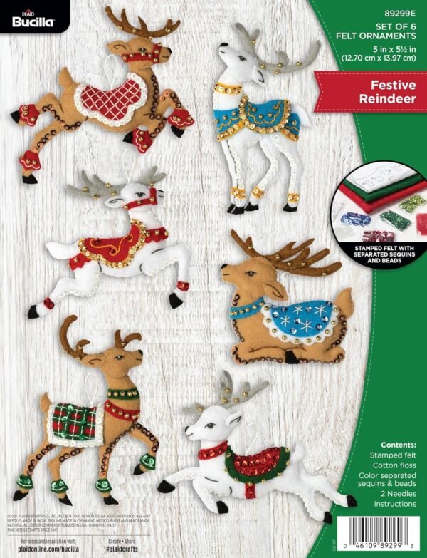 Bucilla Festive Reindeer | Felt Applique Ornament Kit | 89299E