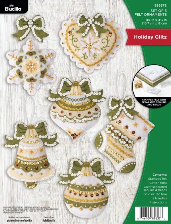 Bucilla Holiday Glitz | Felt Applique Ornament Kit | 89637E