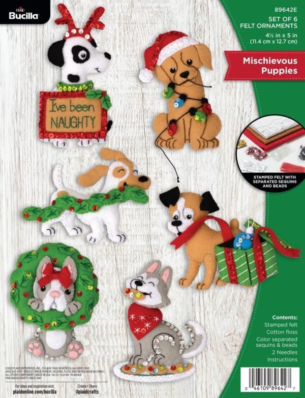 bucilla-felt-applique-6-piece-ornament-making-kit-mischievous-puppies-pe-89642e-primary Bucilla Mischievous Puppies | Felt Applique Ornament Kit | 89642E