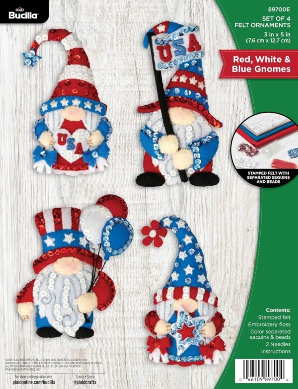 bucilla-felt-applique-6-piece-ornament-making-kit-red-white-blue-gnomes-89700e-primary Bucilla Red White & Blue Gnomes | Felt Applique Ornament Kit | 89700E