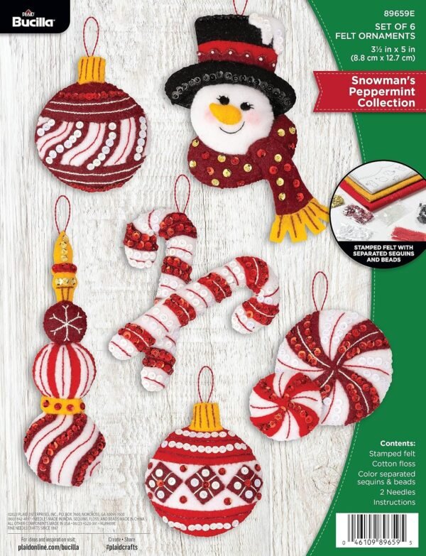 bucilla-felt-applique-6-piece-ornament-making-kit-snowman-s-peppermint-c-89659e-primary Bucilla Snowman's Peppermint Collection | Felt Applique Ornament Kit | 89659E