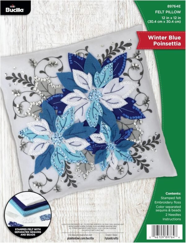 Bucilla Winter Blue Poinsettia | Felt Applique Pillow Kit | 89764E Bucilla Winter Blue Poinsettia | Felt Applique Pillow Kit | 89764E