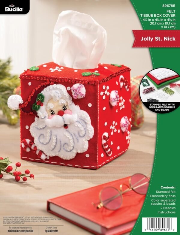 Bucilla Jolly St. Nick | Felt Applique Tissue Box Cover Kit | 89678E