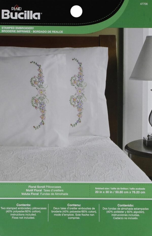 Bucilla Floral Scroll | Stamped Cross Stitch Pillowcase Kit | 47706