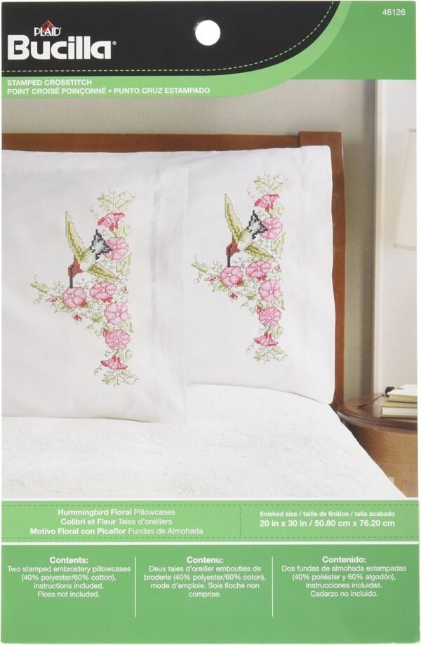 Bucilla Hummingbird Floral | Stamped Cross Stitch Pillowcase Kit | 46126