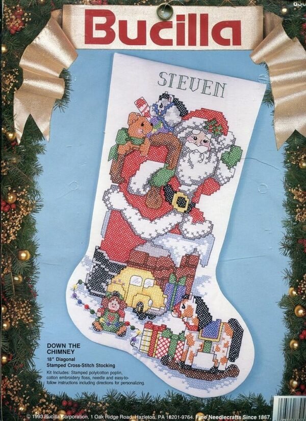 Bucilla Down the Chimney | Stamped Cross Stitch Christmas Stocking Kit | 83053