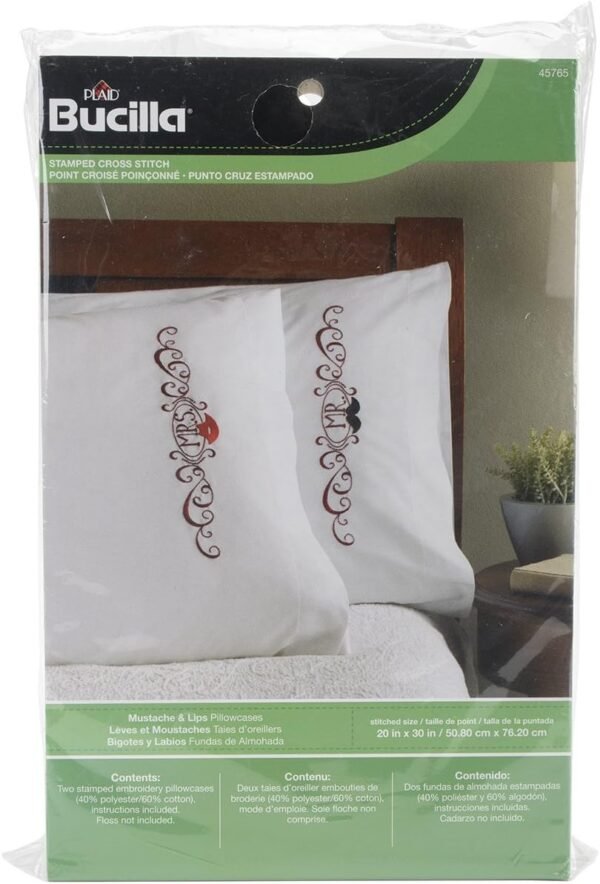 Bucilla Mustache & Lips | Stamped Embroidery Pillowcase Pair Kit | 45765