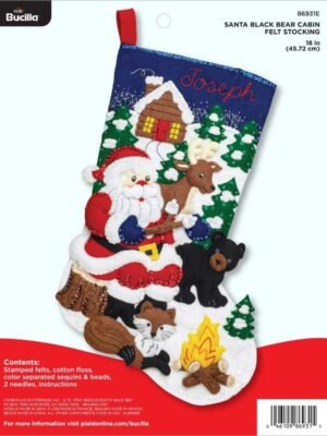 Bucilla Santa Black Bear Cabin | Kit de media navideña de fieltro | 86931E