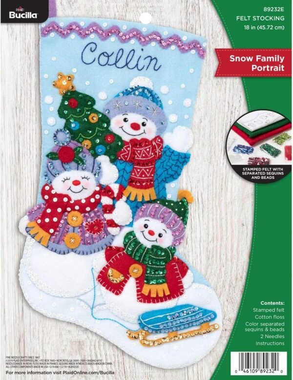 bucilla-89232e-felt-applique-christmas-stocking-kit-18-snow-family-portr-89232e-primary Bucilla Snow Family Portrait | Kit de media navideña de fieltro | 89232E