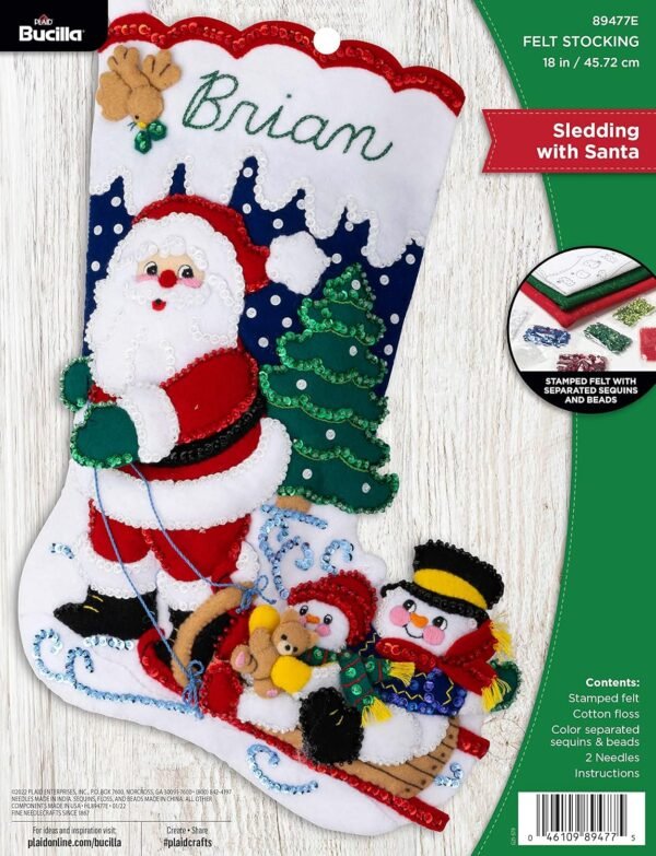 Bucilla Sledding with Santa | Kit de media navideña de fieltro | 89477E