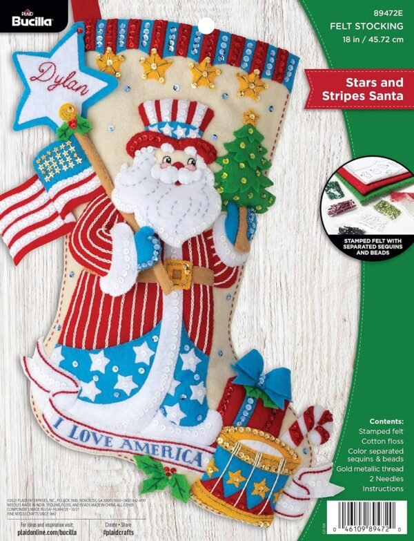 bucilla-felt-applique-18-stocking-making-kit-stars-and-stripes-santa-per-89472e-primary Bucilla Stars and Stripes Santa | Kit de media navideña de fieltro | 89472E