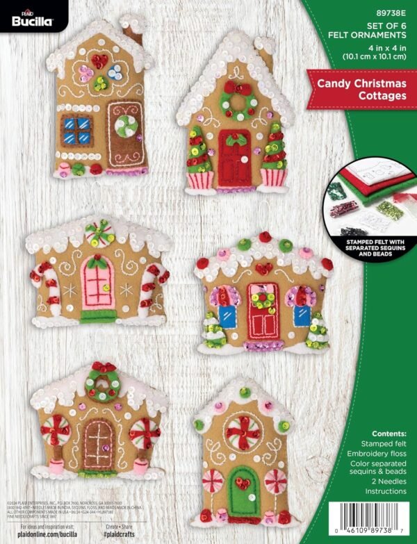 Bucilla Candy Christmas Cottages | Felt Applique Ornament Kit | 89738E product image